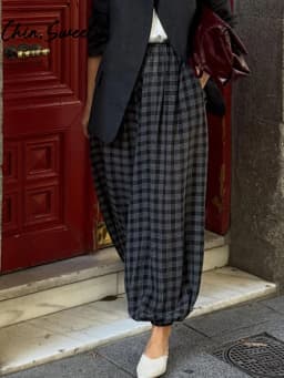 Casual Plaid Print Pants Women Fashion Checked Pleated Elastic Waist Loose Trousers 2026 Spring Summer Chic Street Lady Clothing
