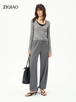 ZIQIAO 2026 Fall Women's Effortless Relaxed High Waist Wool Knit Pants with Diagonal Seam - Chic Casual Trousers for Daily Wear
