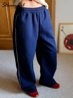 Women Sweatpants Cotton Red Side Striped Sports Pants Straight Elastic Waist Pants For Women Navy Blue Sweatpants With Stripe