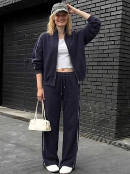 Women Sweatpants Cotton Red Side Striped Sports Pants Straight Elastic Waist Pants For Women Navy Blue Sweatpants With Stripe