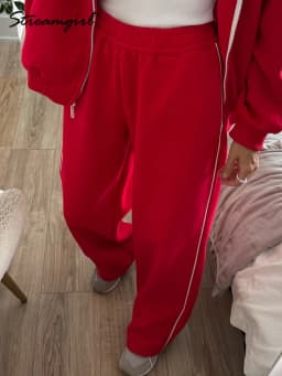 Women Sweatpants Cotton Red Side Striped Sports Pants Straight Elastic Waist Pants For Women Navy Blue Sweatpants With Stripe