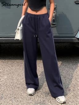 Women Sweatpants Cotton Red Side Striped Sports Pants Straight Elastic Waist Pants For Women Navy Blue Sweatpants With Stripe