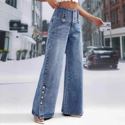 Women's Blue High Waist Wide Leg Jeans Fashion Multi Button Front Side Snap Detail Denim Pants Casual Outfit For Daily Dating