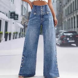 Women's Blue High Waist Wide Leg Jeans Fashion Multi Button Front Side Snap Detail Denim Pants Casual Outfit For Daily Dating