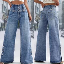 Women's Blue High Waist Wide Leg Jeans Fashion Multi Button Front Side Snap Detail Denim Pants Casual Outfit For Daily Dating
