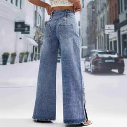 Women's Blue High Waist Wide Leg Jeans Fashion Multi Button Front Side Snap Detail Denim Pants Casual Outfit For Daily Dating