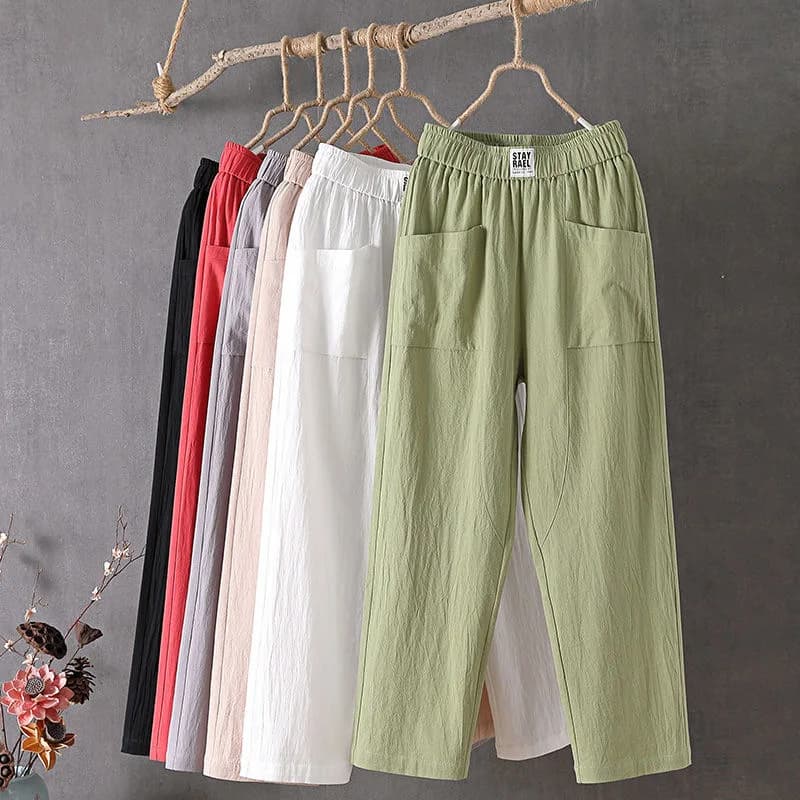 Cotton and Linen Casual Pants For Women Korean Style Solid Loose Straight Pants Summer Thin Nine-Point Harem Pants White Red