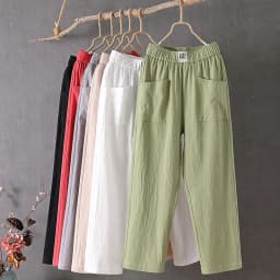 Cotton and Linen Casual Pants For Women Korean Style Solid Loose Straight Pants Summer Thin Nine-Point Harem Pants White Red