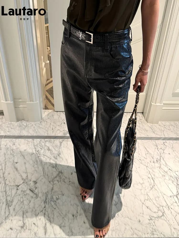 Lautaro Spring Autumn Shiny Lizard Print Pu Leather Straight Pants Women High Waist 2026 Chic Luxury Brands Alternative Pants