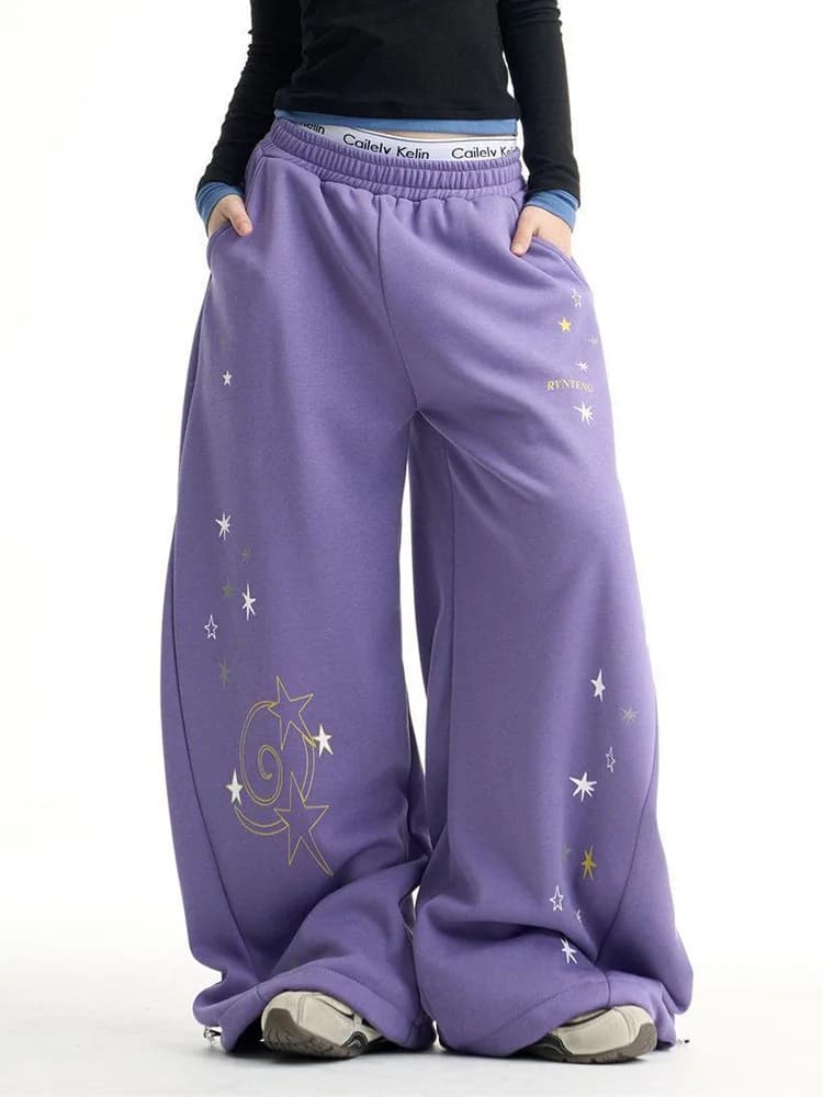 Y2K Stars Print Wide Leg Pants Women Spring Streetwear High Waist Hip Hop Trousers Harajuku American Casual Bf Purple Pant New