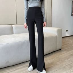Black Front Split Flares Pants Women Fashion High Waist Elastic Slim Fit Wide Leg Pants Woman 2025 Y2K Simple Popular Trousers