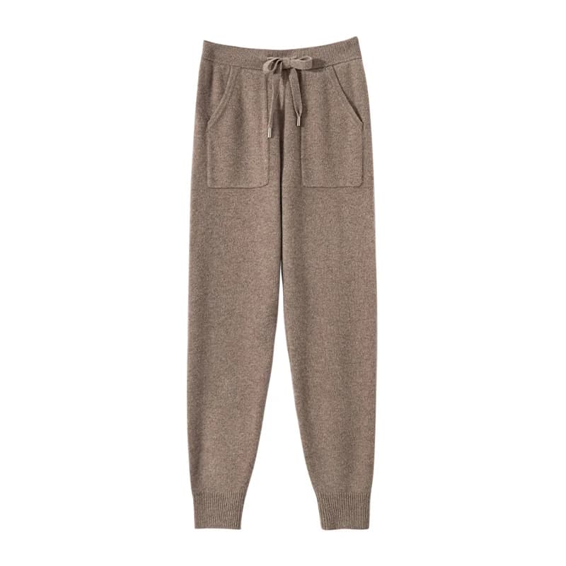 Women's Knitted 100% Wool Pants with Double Pockets and Elastic Waistband for Autumn and Winter, High Stretch Sports Style Pants