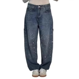 Women's Straight Leg Denim Pants High Waisted Baggy Wide Leg Bling Jeans Casual Sparkly Harem Jeans for Streetwear