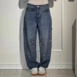Women's Straight Leg Denim Pants High Waisted Baggy Wide Leg Bling Jeans Casual Sparkly Harem Jeans for Streetwear