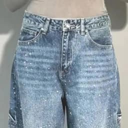 Women's Straight Leg Denim Pants High Waisted Baggy Wide Leg Bling Jeans Casual Sparkly Harem Jeans for Streetwear