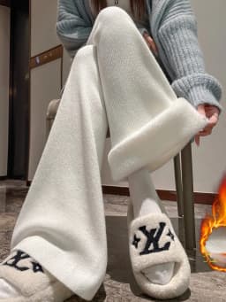 High Waist Thickened Knitted Flared Pants Women's Autumn Winter Fleece Slim Fit Casual Floor Length Hoof Pants