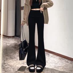 High Waist Thickened Knitted Flared Pants Women's Autumn Winter Fleece Slim Fit Casual Floor Length Hoof Pants