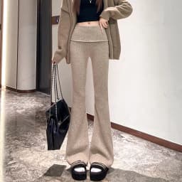 High Waist Thickened Knitted Flared Pants Women's Autumn Winter Fleece Slim Fit Casual Floor Length Hoof Pants