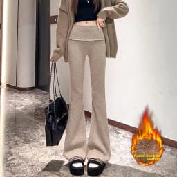 High Waist Thickened Knitted Flared Pants Women's Autumn Winter Fleece Slim Fit Casual Floor Length Hoof Pants