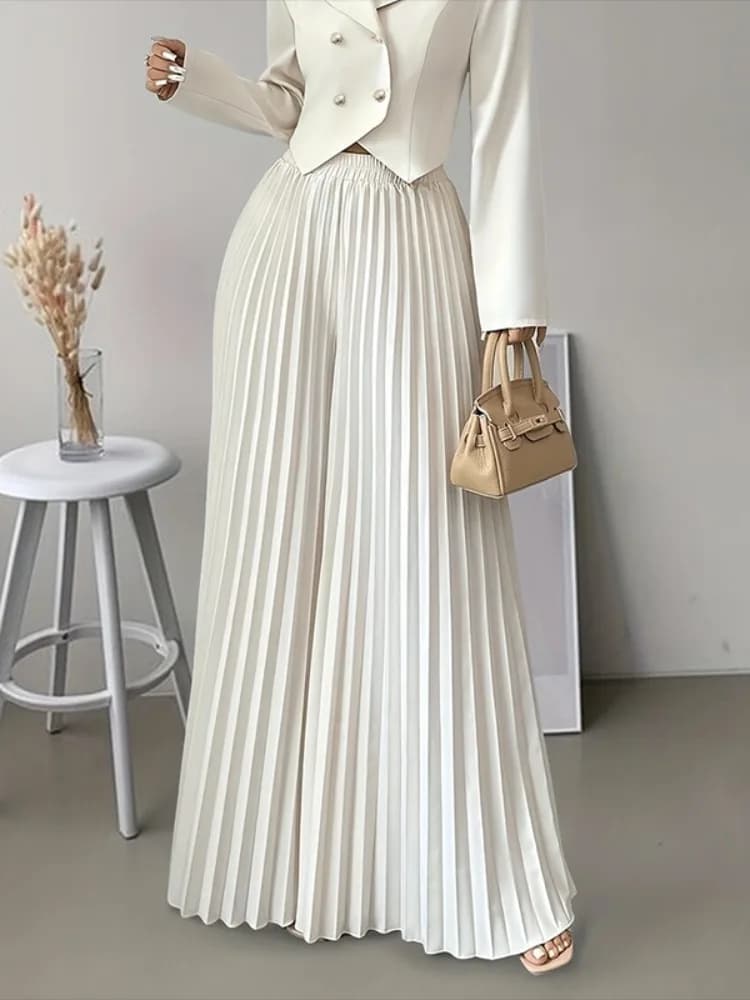 Missuoo Women‘s High Waist Elastic Waist Pleated Wide Leg Pants 2026 Summer Solid White Flowy Floor Length Palazzo Trousers