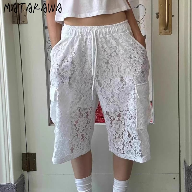 Matakawa Lace Knee Length Pants Women Solid Hollow Out Y2k Clothes Pantalones Mujer Korean Fashion Vintage Summer Trousers