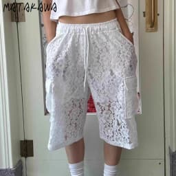 Matakawa Lace Knee Length Pants Women Solid Hollow Out Y2k Clothes Pantalones Mujer Korean Fashion Vintage Summer Trousers