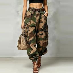Casual Camouflage Work Pants Loose Wide Leg Street Style High Waist Zipper Cotton Printed Trousers for Women Summer Collection