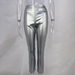 2024 Fashion Metallic Silver PU Leather Bodycon Pencil Pants Hipster Zip-up High Waist Stretchy Female Trousers Nightclub Street