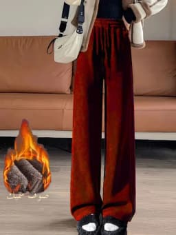 Autumn Winter Women's Fleece Lined Thickened Corduroy Wide Leg Pants Casual Style High Waist Elastic Closure Polyester Fiber