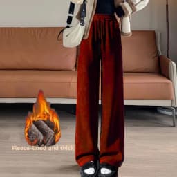 Autumn Winter Women's Fleece Lined Thickened Corduroy Wide Leg Pants Casual Style High Waist Elastic Closure Polyester Fiber