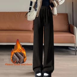 Autumn Winter Women's Fleece Lined Thickened Corduroy Wide Leg Pants Casual Style High Waist Elastic Closure Polyester Fiber