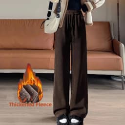 Autumn Winter Women's Fleece Lined Thickened Corduroy Wide Leg Pants Casual Style High Waist Elastic Closure Polyester Fiber