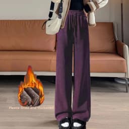 Autumn Winter Women's Fleece Lined Thickened Corduroy Wide Leg Pants Casual Style High Waist Elastic Closure Polyester Fiber