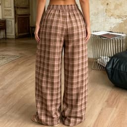 Women Vintage Aesthetic Casual Plaid Print Barrel Pants Drawstring Elastic Waist Loose Straight Pants with Pockets Streetwear