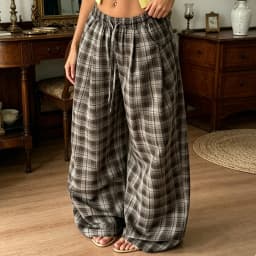 Women Vintage Aesthetic Casual Plaid Print Barrel Pants Drawstring Elastic Waist Loose Straight Pants with Pockets Streetwear