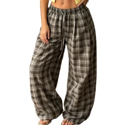 Women Vintage Aesthetic Casual Plaid Print Barrel Pants Drawstring Elastic Waist Loose Straight Pants with Pockets Streetwear