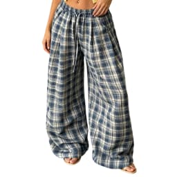Women Vintage Aesthetic Casual Plaid Print Barrel Pants Drawstring Elastic Waist Loose Straight Pants with Pockets Streetwear