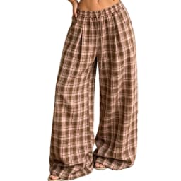 Women Vintage Aesthetic Casual Plaid Print Barrel Pants Drawstring Elastic Waist Loose Straight Pants with Pockets Streetwear