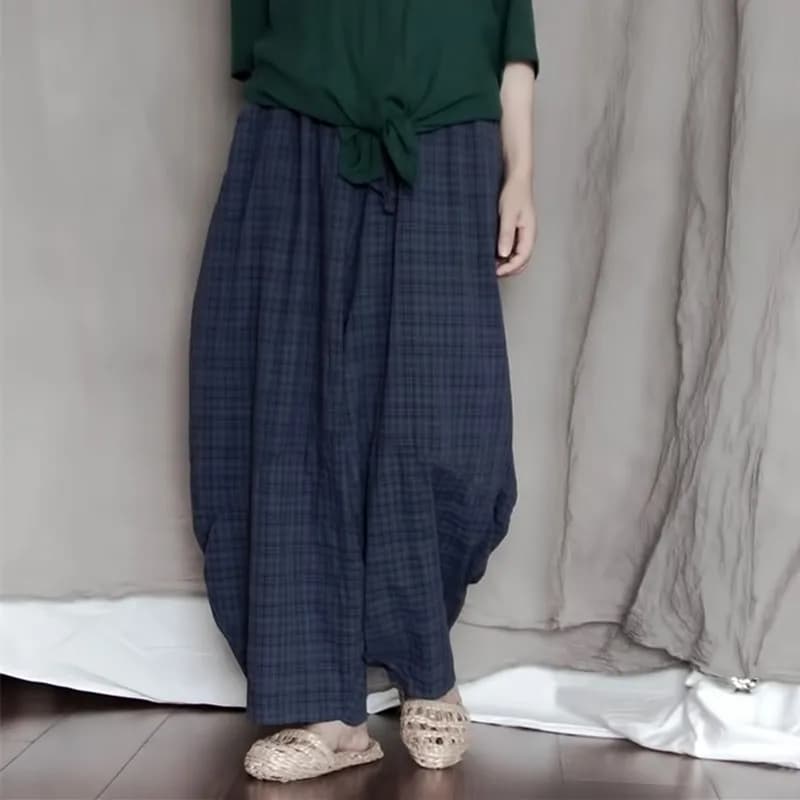 Johnature Casual All-match Full Length Wide Leg Pants 2026 Summer New Cotton Linen Elastic Mid Waist Patchwork Plaid Women Pants