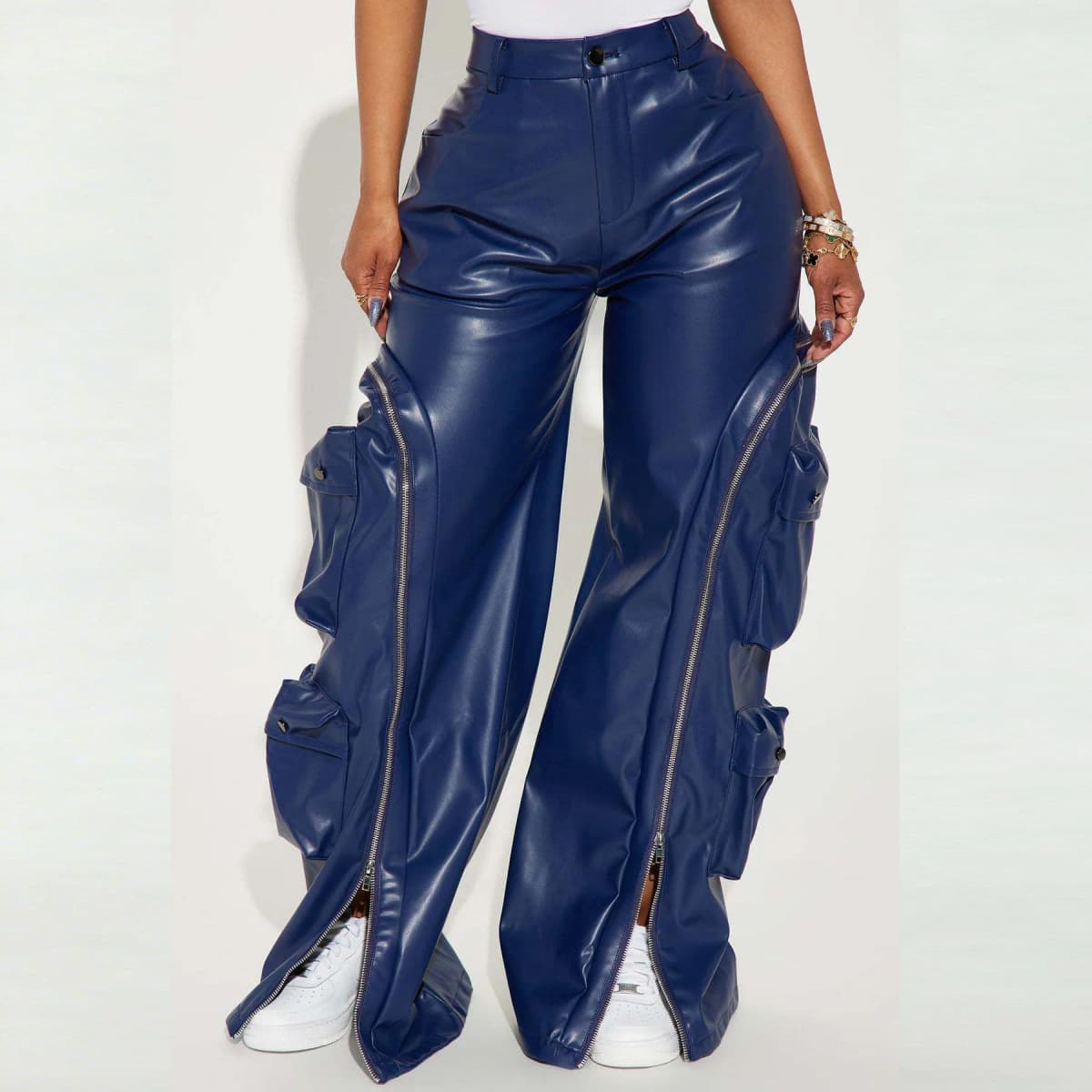 Leather PU Cargo Pants High Waist Y2K Streetwear 2025 Women Winter Fashion Clothes Trousers Sexy Elegant Wide Leg Pocket Pants