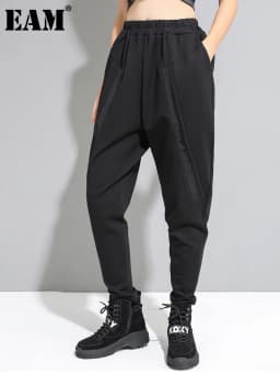 [EAM] High Elastic Waist Black Split Joint Harem Trousers New Loose Fit Pants Women Fashion Tide Spring Autumn 2026 1A528