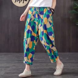 Pure Cotton Linen Harlan Casual Pants Printed Nine Points Loose Mom Pants Thin Cotton Linen plus Size High Waist Korean Sle