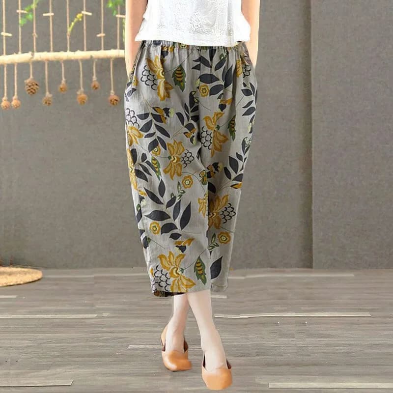 Pure Cotton Linen Harlan Casual Pants Printed Nine Points Loose Mom Pants Thin Cotton Linen plus Size High Waist Korean Sle