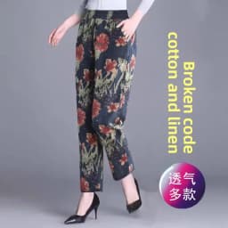 Pure Cotton Linen Harlan Casual Pants Printed Nine Points Loose Mom Pants Thin Cotton Linen plus Size High Waist Korean Sle