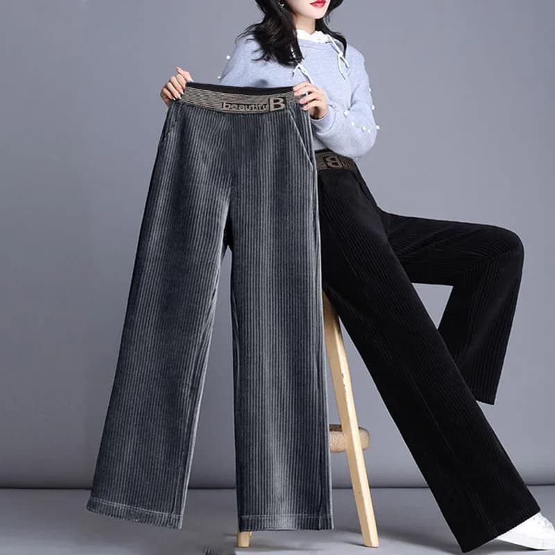 Thickened Fleece Lined Corduroy Wide Leg Pants Women Casual Trousers Autumn Winter New Style High Waist Straight Cut Loose pl...