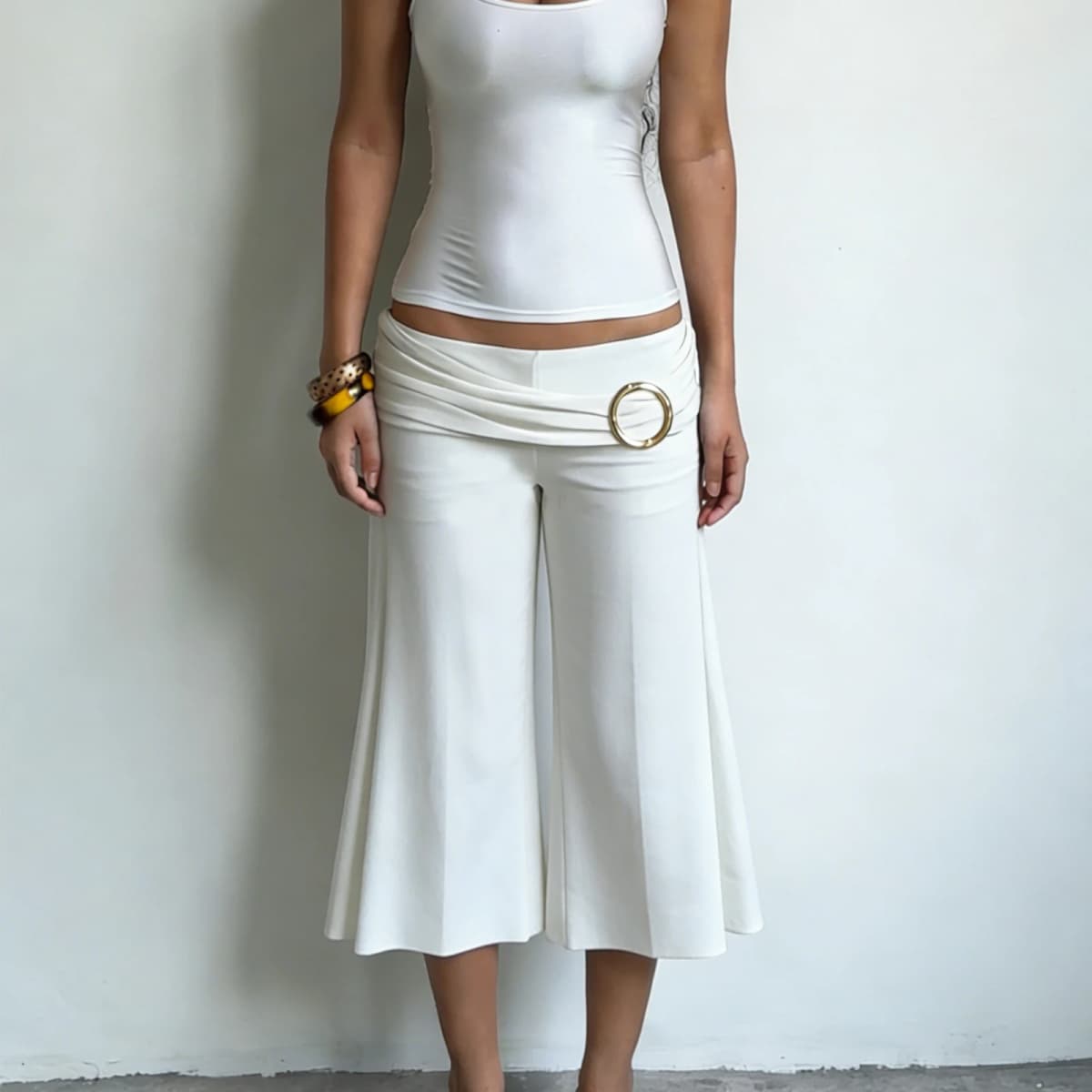 Low Waist Bell Bottom Seven Inch Pants for Women Simple Style Metal Buckle Pleated Pure Color Summer New Arrival Comfortable ...