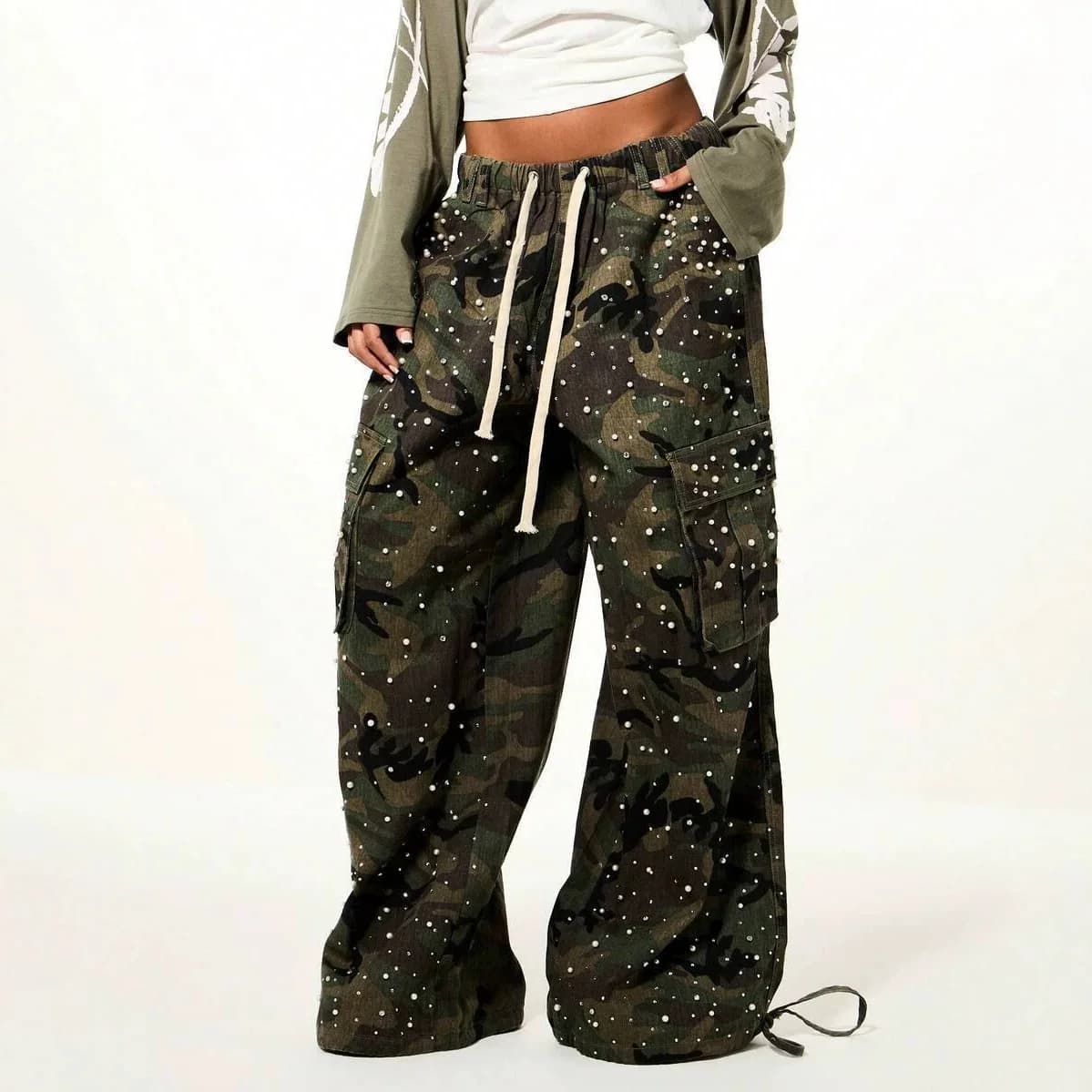 Cargo Pants Women Pant Straight Trousers Elastic Waist Pearls Y2k Streetwear Work Casual Loose Pocket Drawstring Camouflage 2026