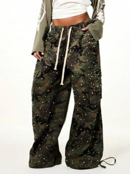 Cargo Pants Women Pant Straight Trousers Elastic Waist Pearls Y2k Streetwear Work Casual Loose Pocket Drawstring Camouflage 2026