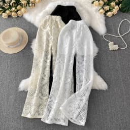 Summer Straight Pants for Women's 2025 New Bottoms High Waist Fashion Hollow Out Thin Pantalon Femme Korean Lace Trousers 63e165