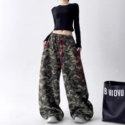 Women's Vintage Camouflage Oversized Wide Leg Sweatpants Red Drawstring Letter Embroidery Streetwear Pants